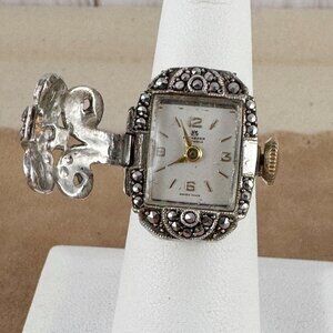 Vintage Swiss Buchere rSterling Silver Marcasite Ring Watch Size 6